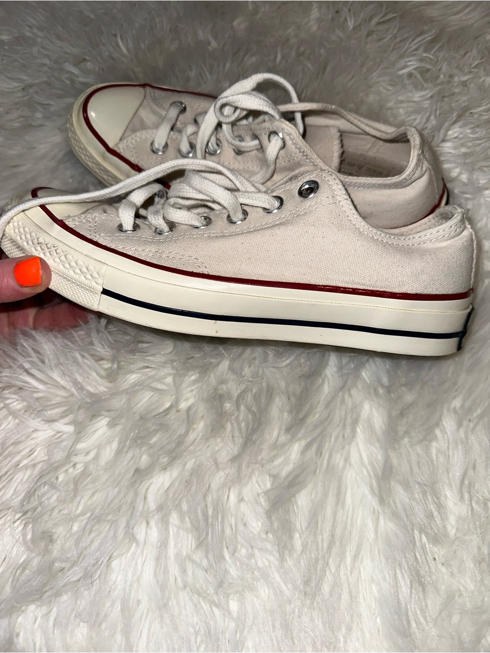 Classic Low-Top Mid-Platform Canvas Sneakers in Off-White/ Cream Red & Navy Trim